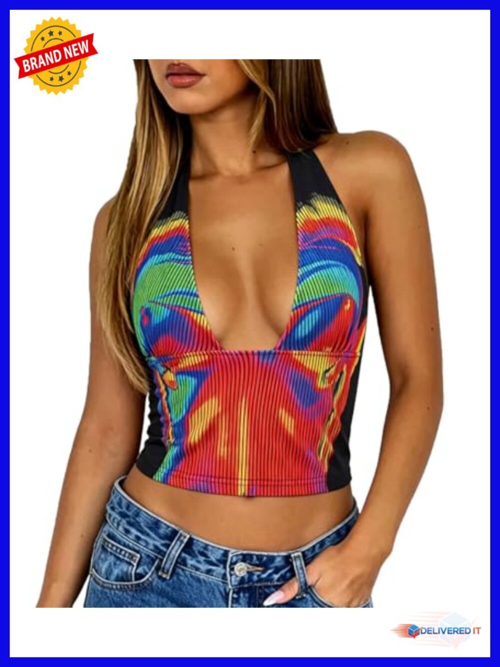 Y2K Rave Tank Top Sleeveless Cami Crop Body Print Halter